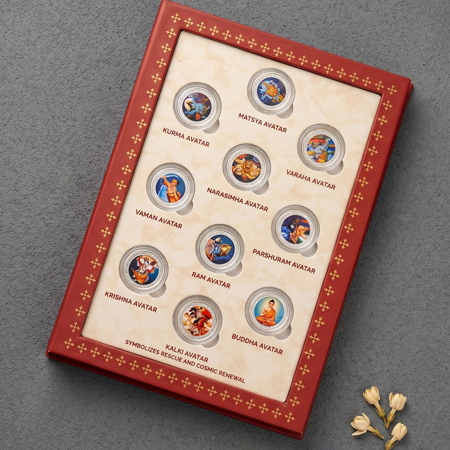 Dashavatar Silver Coin Set – 10 Divine Incarnations of Lord Vishnu in Premium Gift Box