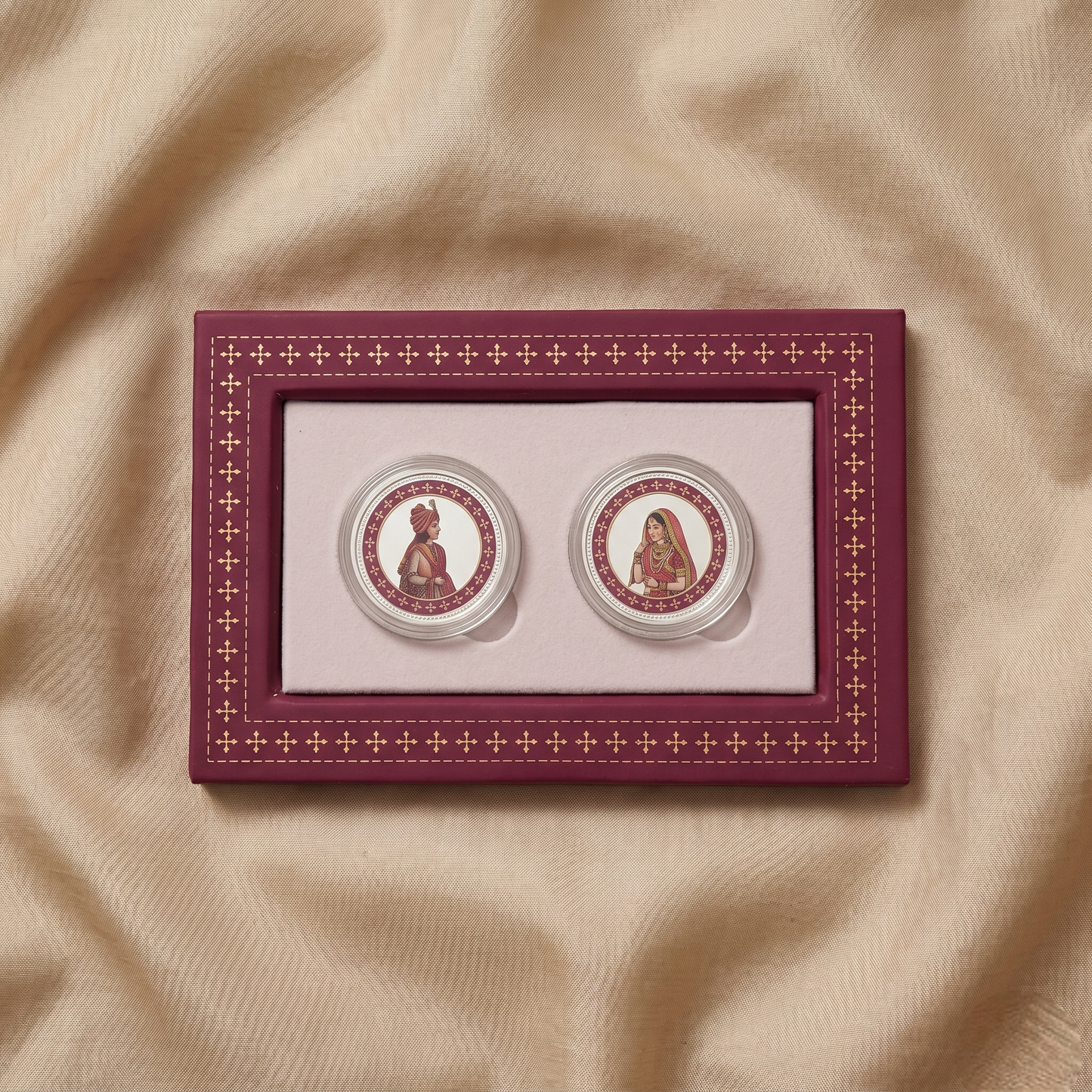 Shubh Vivah Bride & Groom Silver Coin Duo – Rajasthani Miniature Art | Premium Magenta Wedding Gift Box with Tassel