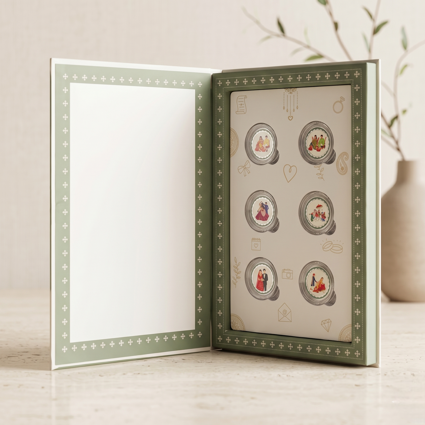 Shubh Vivah Wedding Silver Coin Set – 6 Pure Silver Coins of Indian Wedding Rituals in Sage Green Gift Box