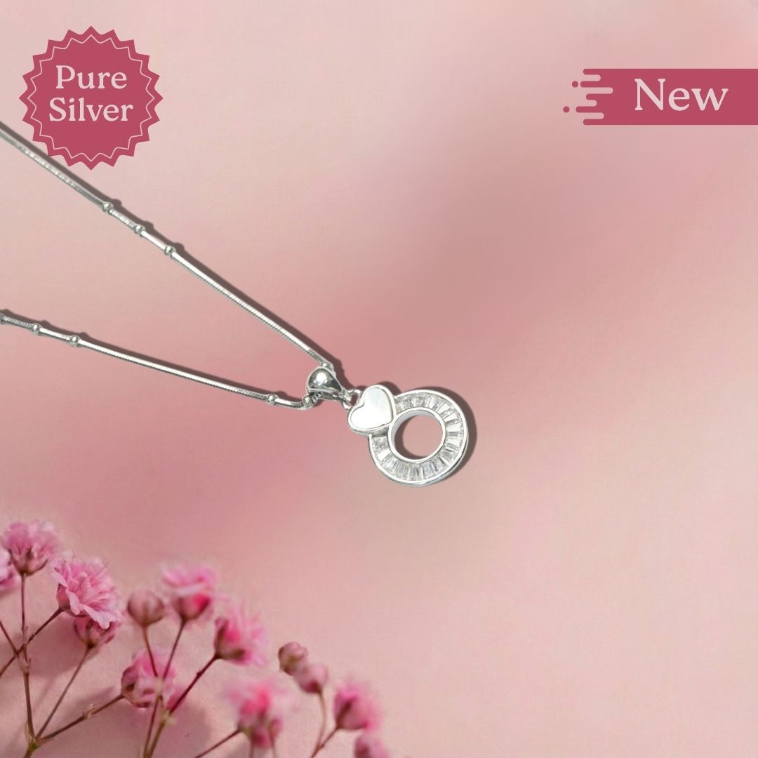 Pure Silver Heart and Ring Pendant Necklace