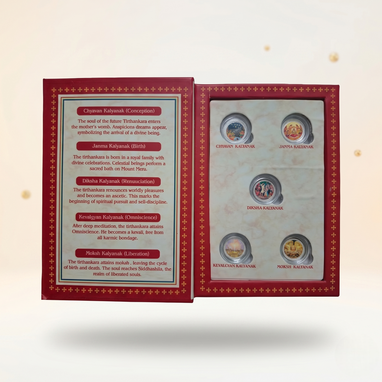 Panch Kalyanak Silver Coin Set – 5 Divine Milestones in a Tirthankara's Life | Jain Premium Gift Box