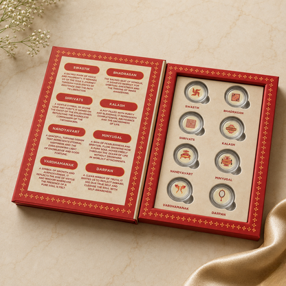 Ashtamangal Silver Coin Set – 8 Sacred Jain Symbols in Premium Gift Box