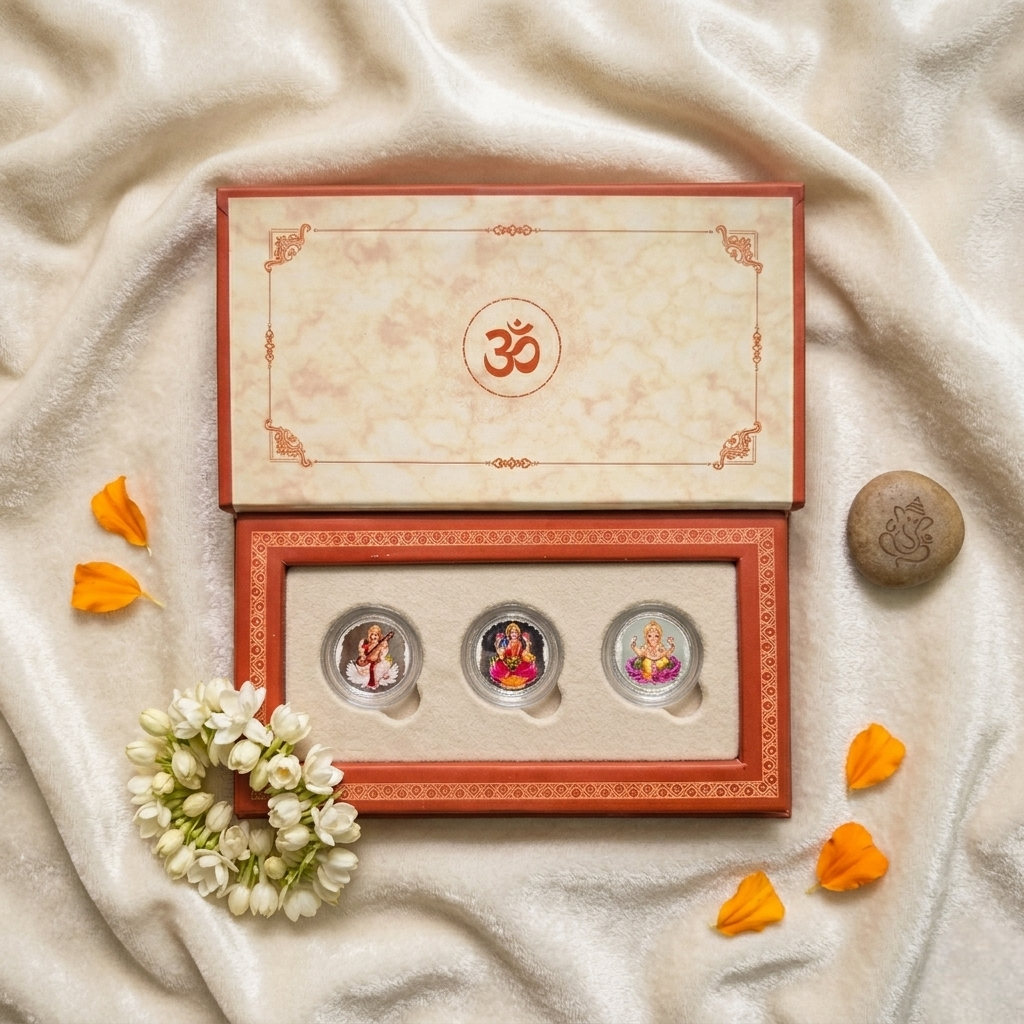 Shubh Labh Silver Coin Trio – Saraswati Lakshmi Ganesha Gift Set