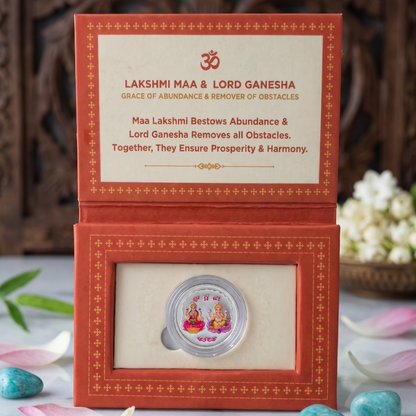 Lakshmi Maa & Lord Ganesha Colour Silver Coin – Grace of Abundance & Remover of Obstacles | Shubh Labh Gift Box