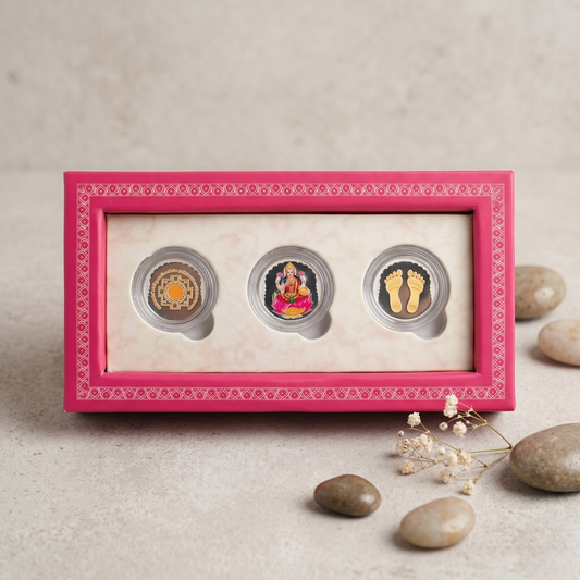 Lakshmi Tatva Silver Coin Trio – Shri Yantra, Lakshmi Maa & Charan Paduka | Grace of Abundance & Prosperity Gift Set