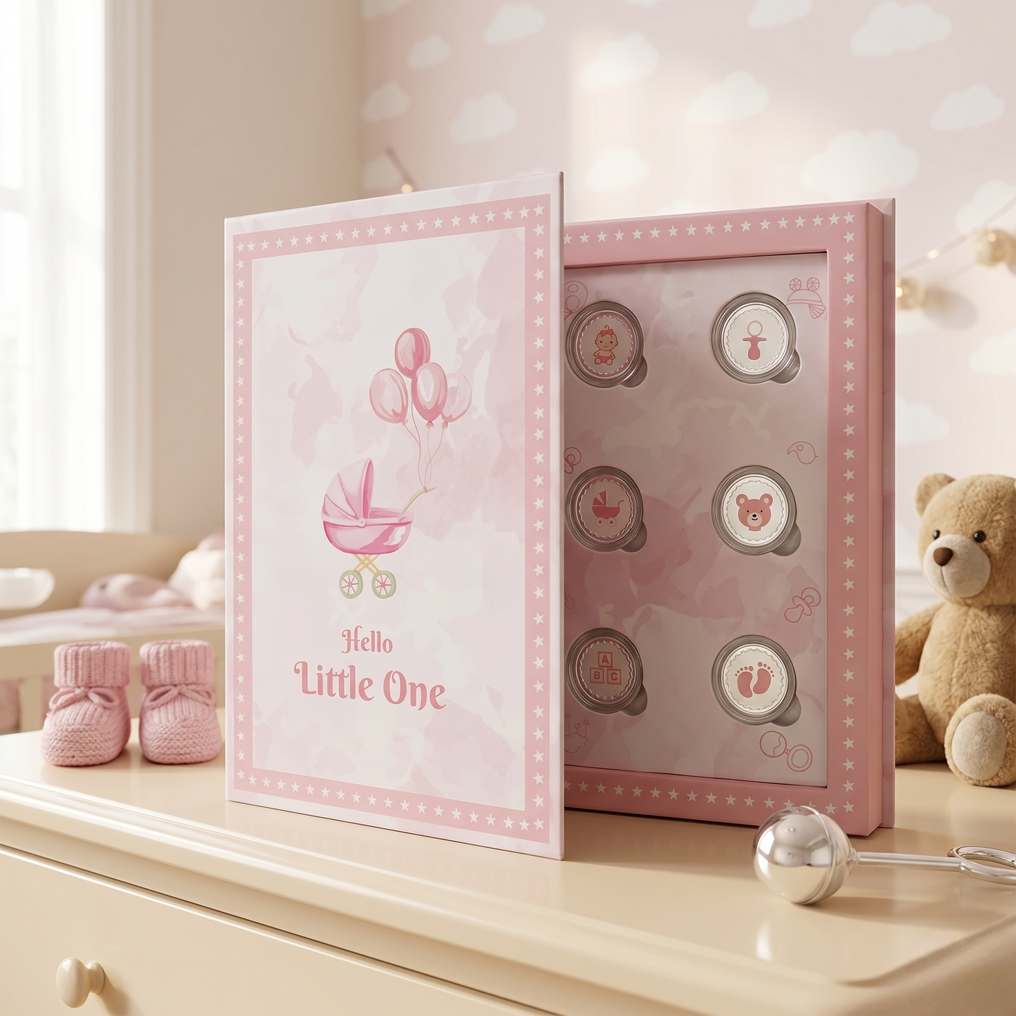 Hello Little One – It's a Girl! 999 Pure Silver Coin Set – 6 Baby Girl Coins in Premium Pink Book Gift Box