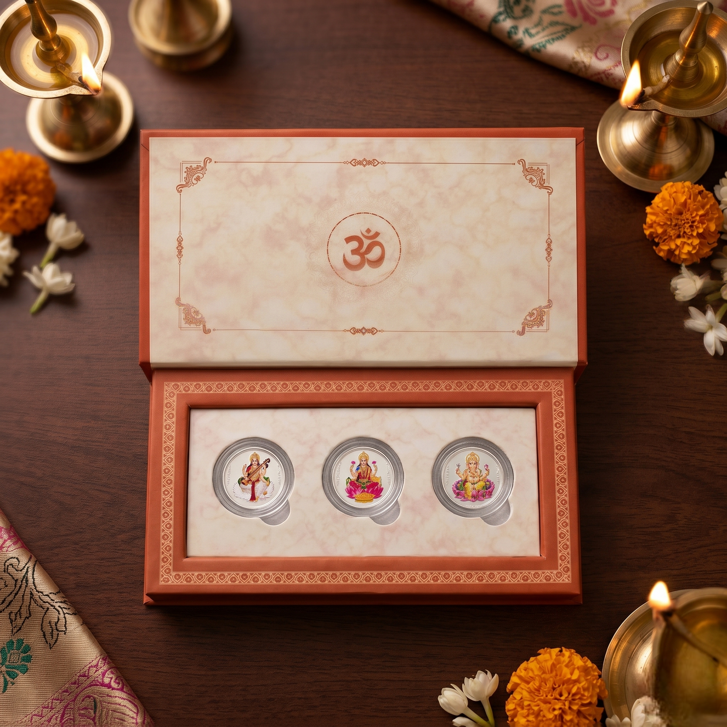 Saraswati, Lakshmi & Ganesha Colour Silver Coin Trio – Shubh Labh | Divine Trinity of Wisdom, Prosperity & Success