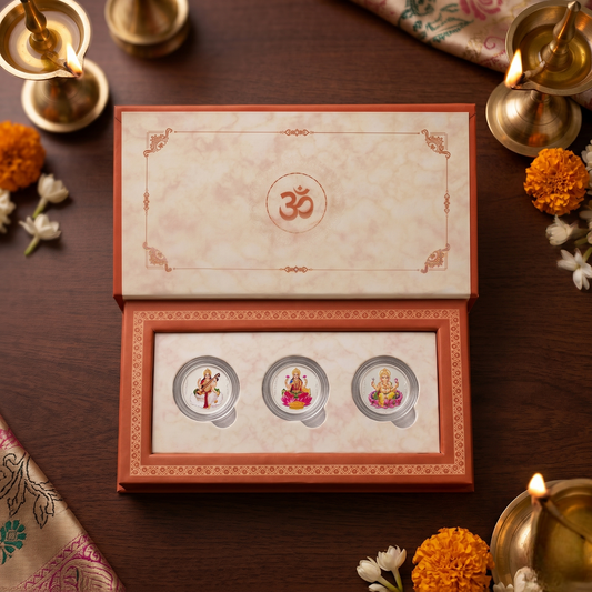 Saraswati, Lakshmi & Ganesha Colour Silver Coin Trio – Shubh Labh | Divine Trinity of Wisdom, Prosperity & Success