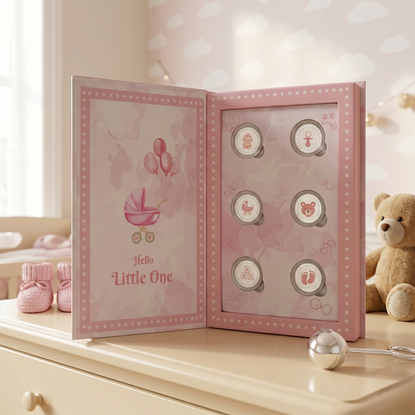 Hello Little One – It's a Girl! 999 Pure Silver Coin Set – 6 Baby Girl Coins in Premium Pink Book Gift Box