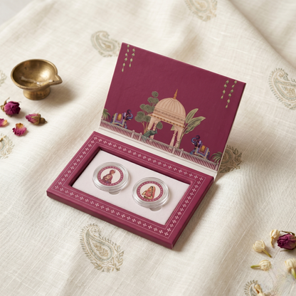 Shubh Vivah Bride & Groom Silver Coin Duo – Rajasthani Miniature Art | Premium Magenta Wedding Gift Box with Tassel