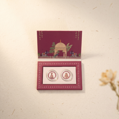 Shubh Vivah Bride & Groom Silver Coin Duo – Rajasthani Miniature Art | Premium Magenta Wedding Gift Box with Tassel
