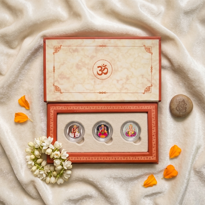 Saraswati, Lakshmi & Ganesha Colour Silver Coin Trio – Shubh Labh | Divine Trinity of Wisdom, Prosperity & Success