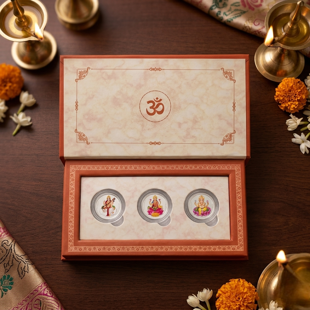 Shubh Labh Silver Coin Trio – Saraswati Lakshmi Ganesha Gift Set