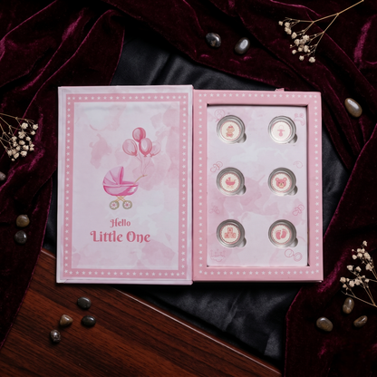 Hello Little One – It's a Girl! 999 Pure Silver Coin Set – 6 Baby Girl Coins in Premium Pink Book Gift Box
