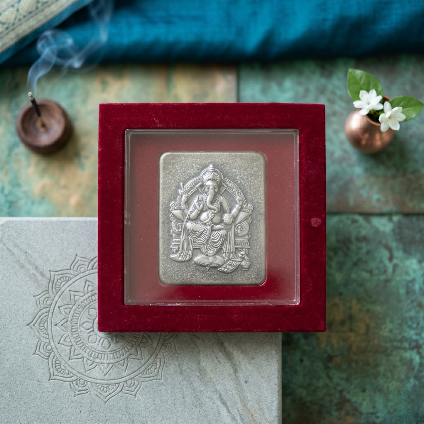 999 Pure Silver Ganesha Tablet – 5g | Shri Ganesha Shloka Gift Box | Premium Red Velvet Presentation