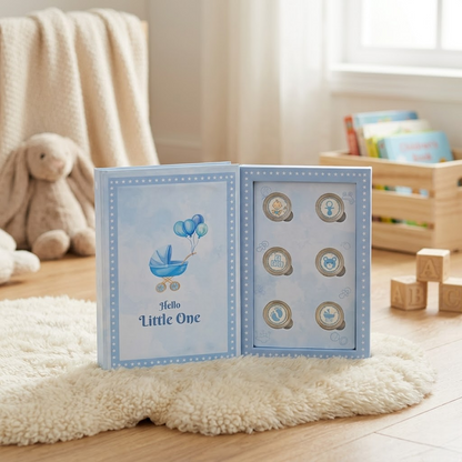 Hello Little One Silver Coin Set – 6 Pure Silver Baby Boy Coins in Premium Blue Book Gift Box
