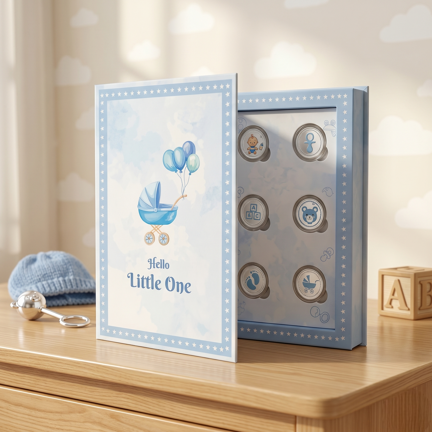 Hello Little One Silver Coin Set – 6 Pure Silver Baby Boy Coins in Premium Blue Book Gift Box
