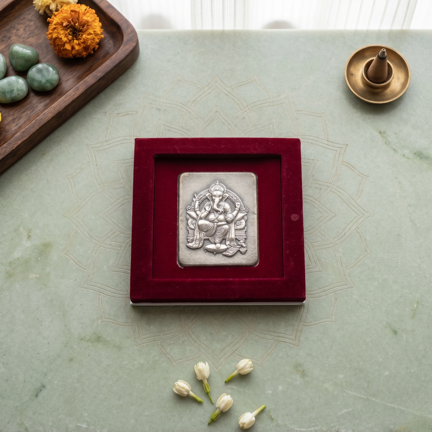 999 Pure Silver Ganesha Tablet – 5g | Shri Ganesha Shloka Gift Box | Premium Red Velvet Presentation