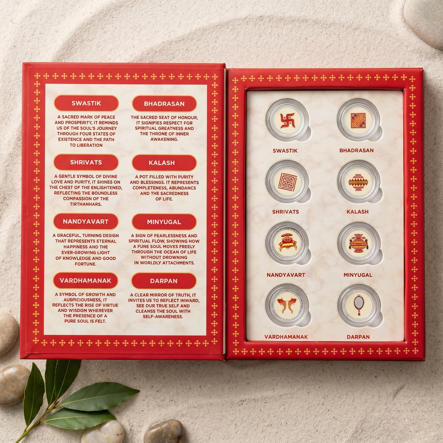 Ashtamangal Silver Coin Set – 8 Sacred Jain Symbols in Premium Gift Box