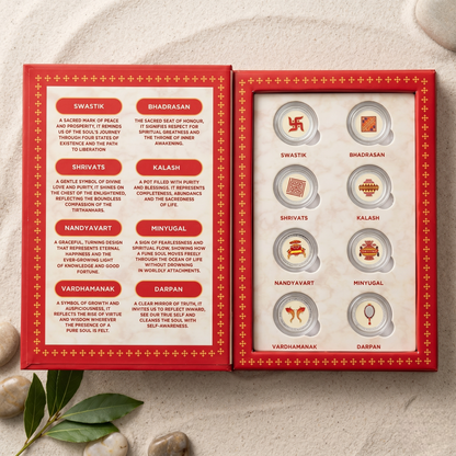 Ashtamangal Silver Coin Set – 8 Sacred Jain Symbols in Premium Gift Box