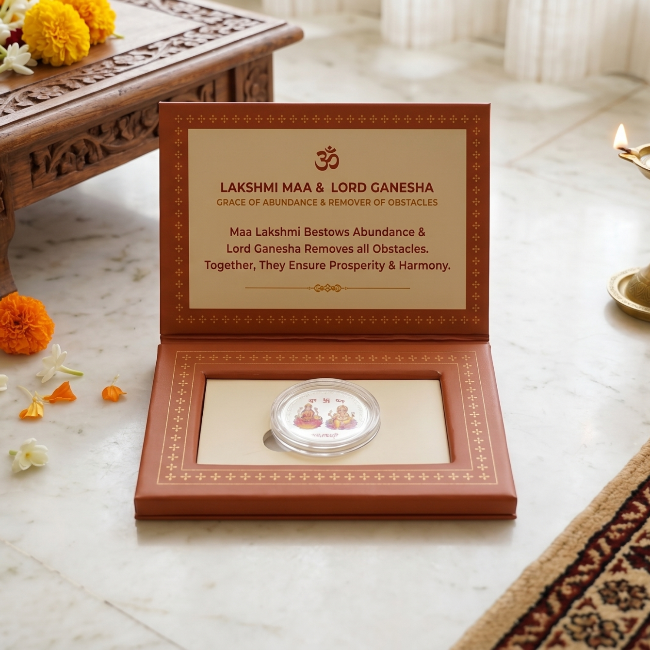Lakshmi Maa & Lord Ganesha Colour Silver Coin – Grace of Abundance & Remover of Obstacles | Shubh Labh Gift Box