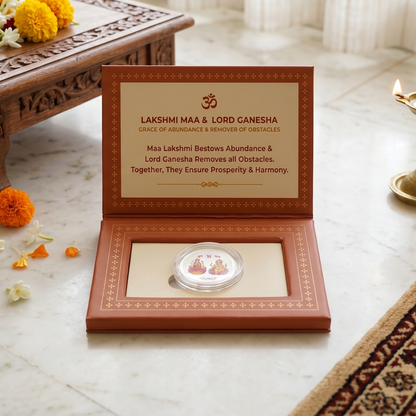 Lakshmi Maa & Lord Ganesha Colour Silver Coin – Grace of Abundance & Remover of Obstacles | Shubh Labh Gift Box