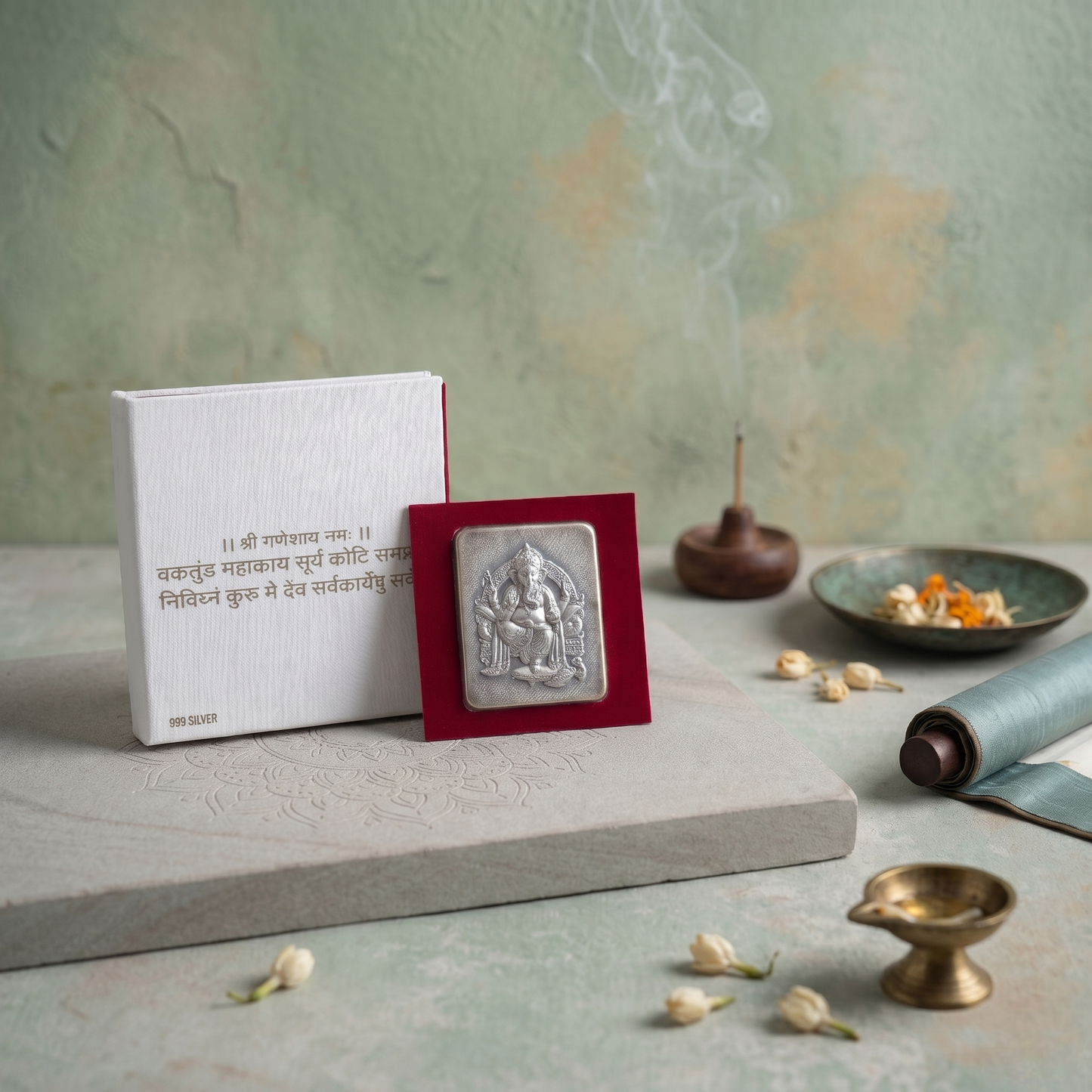 999 Pure Silver Ganesha Tablet – 5g | Shri Ganesha Shloka Gift Box | Premium Red Velvet Presentation