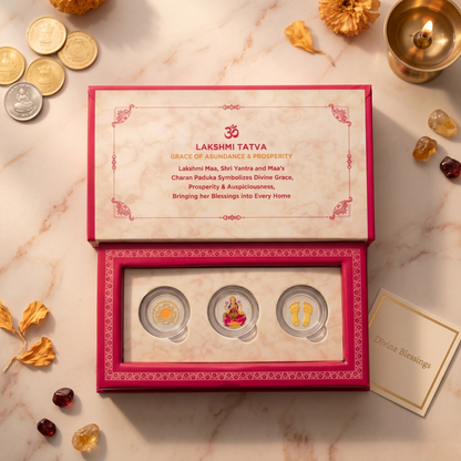 Lakshmi Tatva Silver Coin Trio – Shri Yantra, Lakshmi Maa & Charan Paduka | Grace of Abundance & Prosperity Gift Set