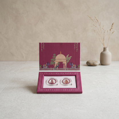 Shubh Vivah Bride & Groom Silver Coin Duo – Rajasthani Miniature Art | Premium Magenta Wedding Gift Box with Tassel