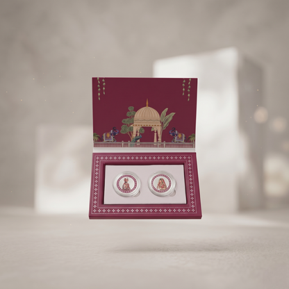 Shubh Vivah Bride & Groom Silver Coin Duo – Rajasthani Miniature Art | Premium Magenta Wedding Gift Box with Tassel