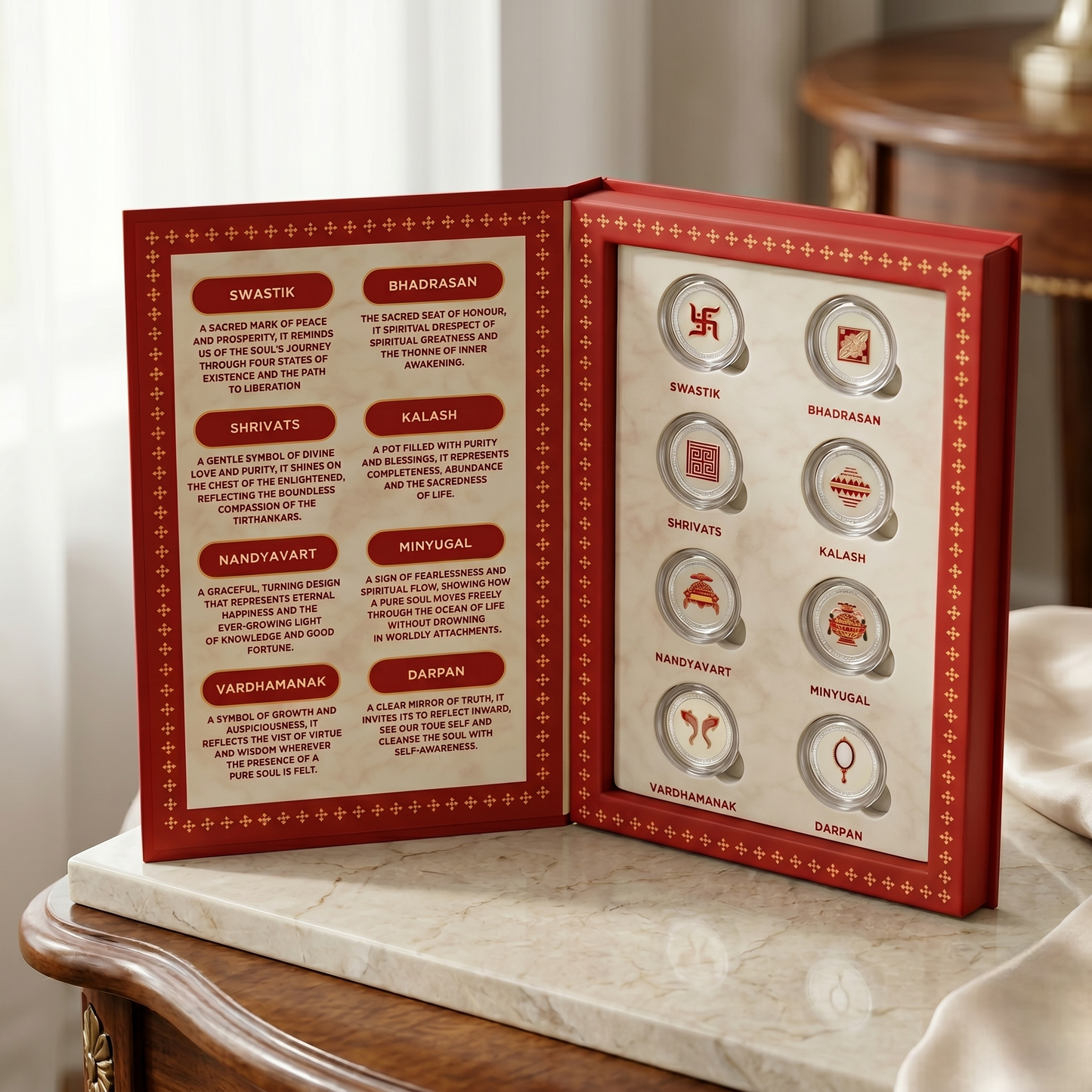 Ashtamangal Silver Coin Set – 8 Sacred Jain Symbols in Premium Gift Box