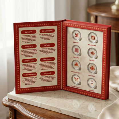 Ashtamangal Silver Coin Set – 8 Sacred Jain Symbols in Premium Gift Box