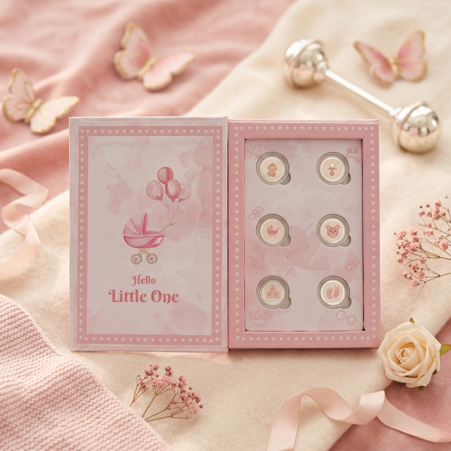Hello Little One – It's a Girl! 999 Pure Silver Coin Set – 6 Baby Girl Coins in Premium Pink Book Gift Box