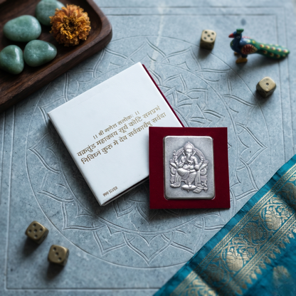 999 Pure Silver Ganesha Tablet – 5g | Shri Ganesha Shloka Gift Box | Premium Red Velvet Presentation