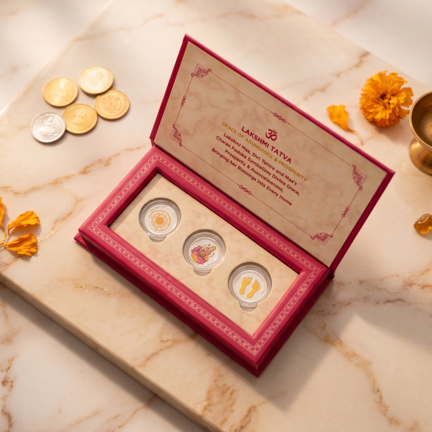 Lakshmi Tatva Silver Coin Trio – Shri Yantra, Lakshmi Maa & Charan Paduka | Grace of Abundance & Prosperity Gift Set