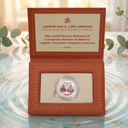 Lakshmi Maa & Lord Ganesha Colour Silver Coin – Grace of Abundance & Remover of Obstacles | Shubh Labh Gift Box