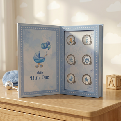 Hello Little One Silver Coin Set – 6 Pure Silver Baby Boy Coins in Premium Blue Book Gift Box
