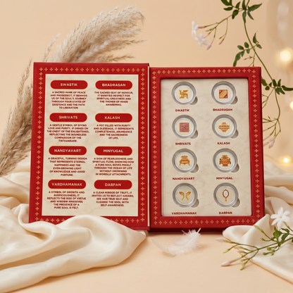 Ashtamangal Silver Coin Set – 8 Sacred Jain Symbols in Premium Gift Box