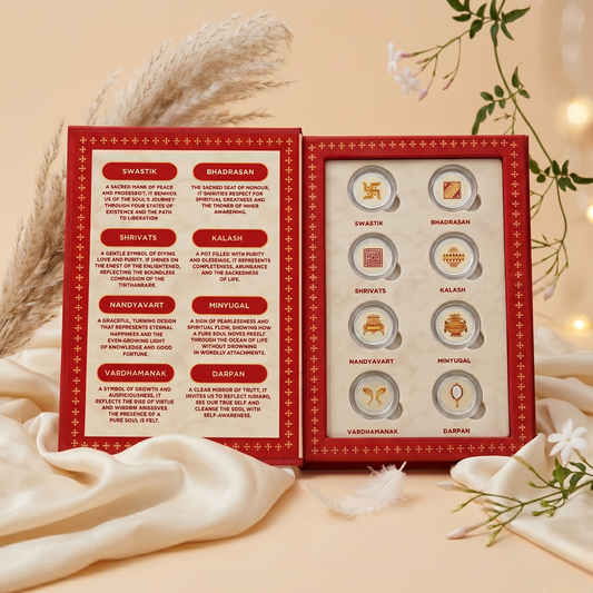 Ashtamangal Silver Coin Set – 8 Sacred Jain Symbols in Premium Gift Box