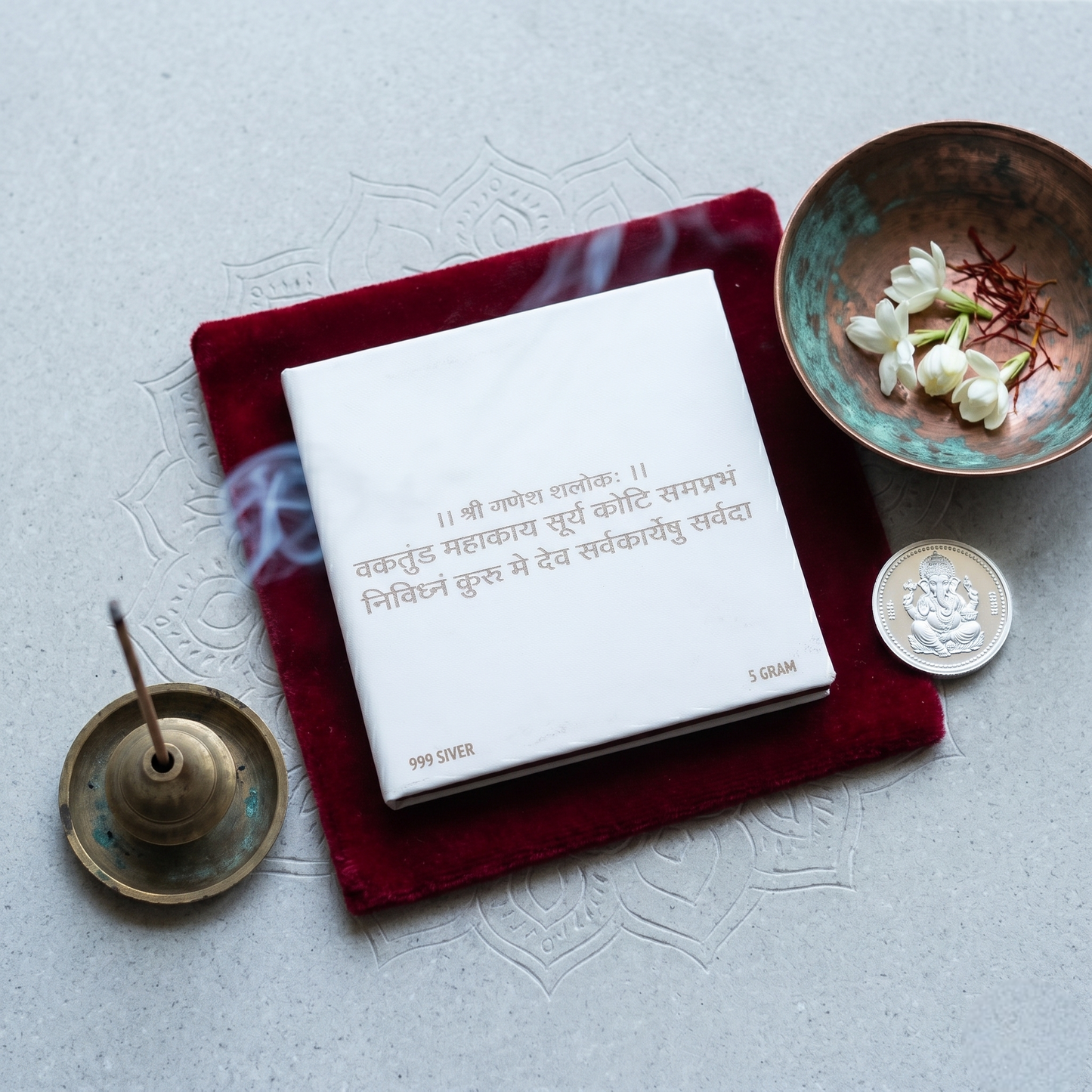 999 Pure Silver Ganesha Tablet – 5g | Shri Ganesha Shloka Gift Box | Premium Red Velvet Presentation
