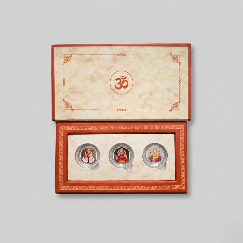 Shubh Labh Silver Coin Trio – Saraswati Lakshmi Ganesha Gift Set