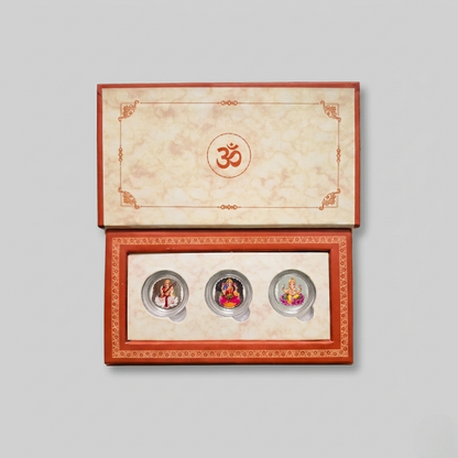 Shubh Labh Silver Coin Trio – Saraswati Lakshmi Ganesha Gift Set
