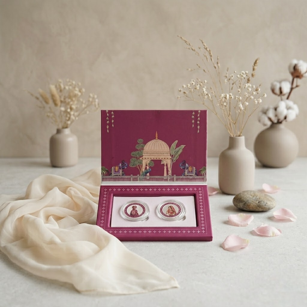 Shubh Vivah Bride & Groom Silver Coin Duo – Rajasthani Miniature Art | Premium Magenta Wedding Gift Box with Tassel