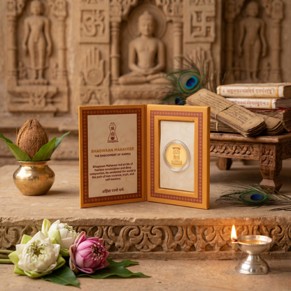 Bhagwaan Mahaveer Silver Coin – The Embodiment of Ahimsa | Jain Gift Box with Ahimsa Parmo Dharma