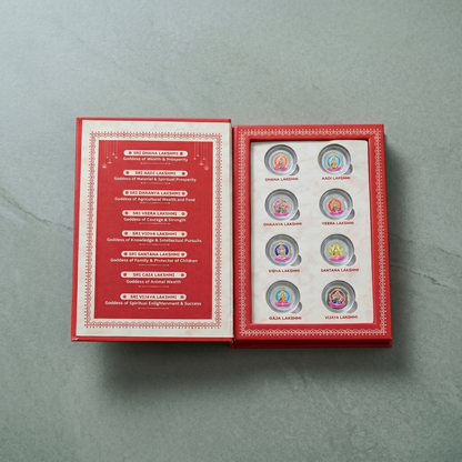 Ashtalakshmi Silver Coin Set – 8 Divine Forms of Goddess Lakshmi | Symbol of Prosperity, Blessings & Abundance