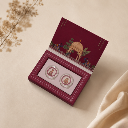 Shubh Vivah Bride & Groom Silver Coin Duo – Rajasthani Miniature Art | Premium Magenta Wedding Gift Box with Tassel