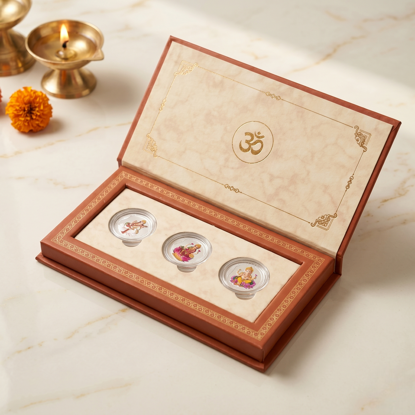 Saraswati, Lakshmi & Ganesha Colour Silver Coin Trio – Shubh Labh | Divine Trinity of Wisdom, Prosperity & Success