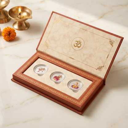 Saraswati, Lakshmi & Ganesha Colour Silver Coin Trio – Shubh Labh | Divine Trinity of Wisdom, Prosperity & Success
