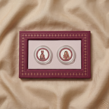 Shubh Vivah Bride & Groom Silver Coin Duo – Rajasthani Miniature Art | Premium Magenta Wedding Gift Box with Tassel