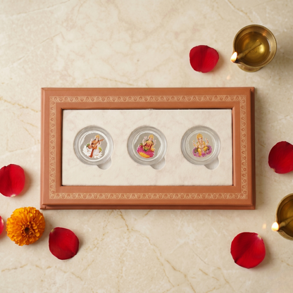 Saraswati, Lakshmi & Ganesha Colour Silver Coin Trio – Shubh Labh | Divine Trinity of Wisdom, Prosperity & Success